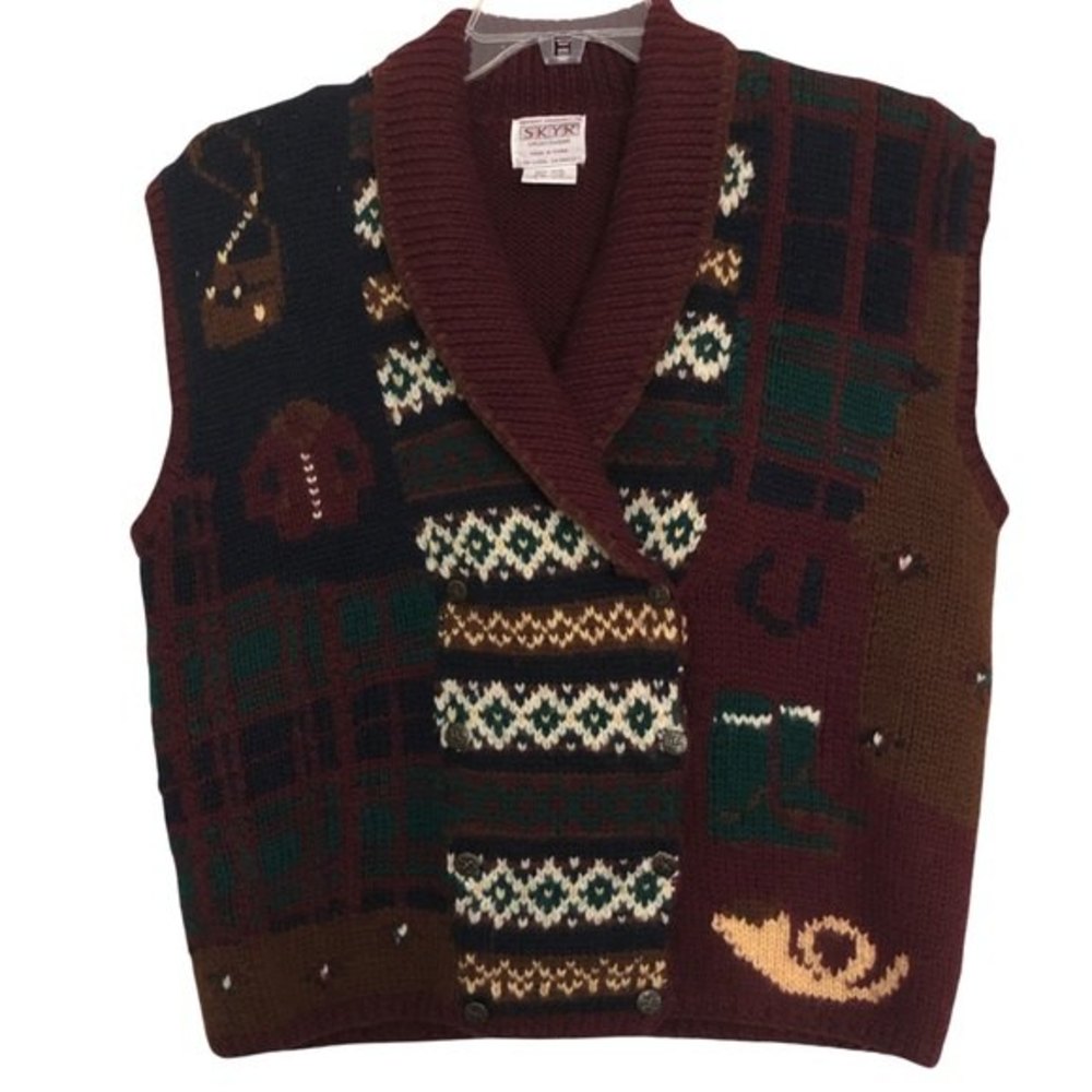 SKYR Wool Double Breasted Knit Sweater Vest Size Large Vintage Maroon